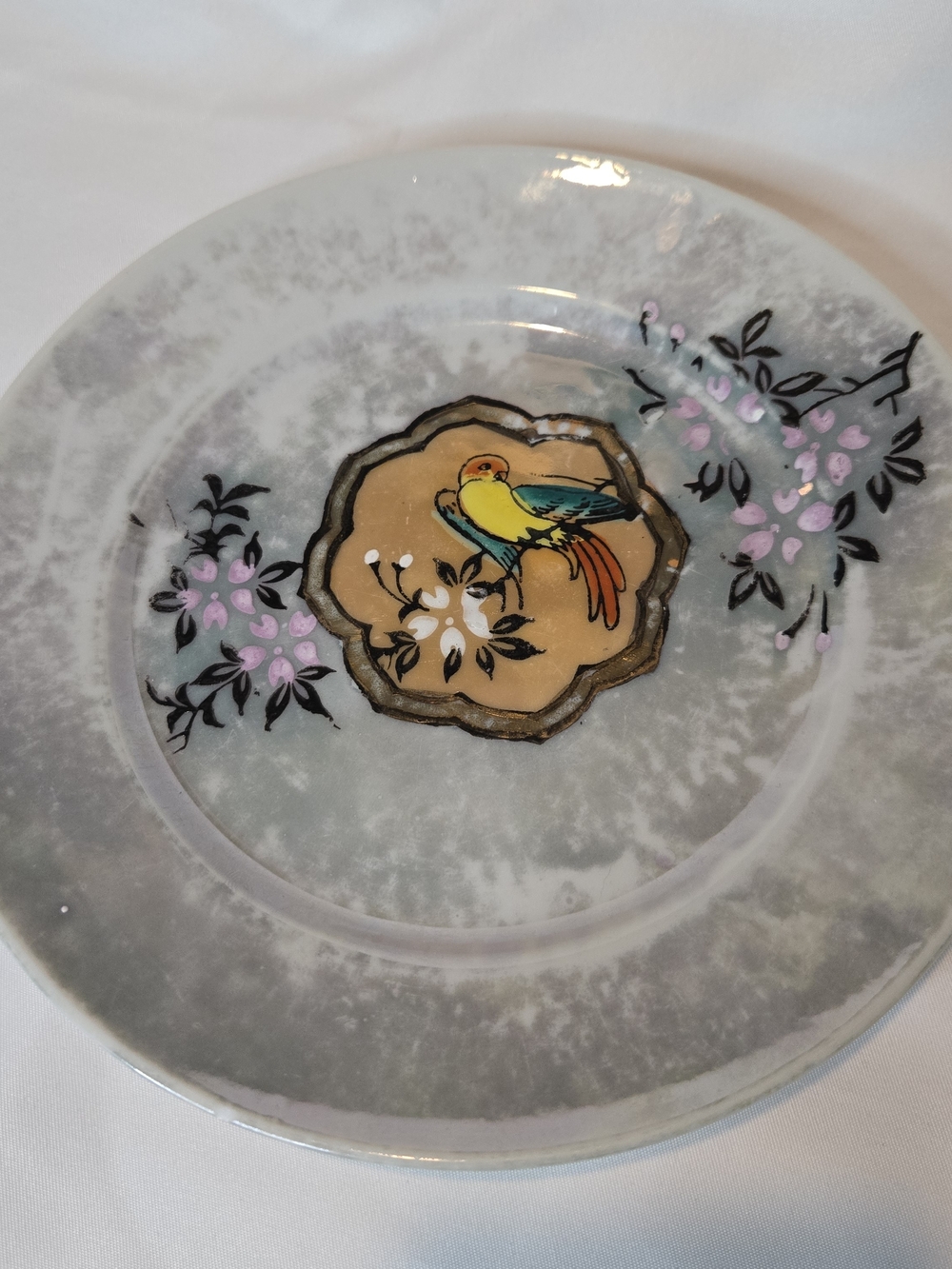 Vintage Japanese Lusterware Porcelain 7" Plate Parrot Bird Cherry Blossoms Japan
